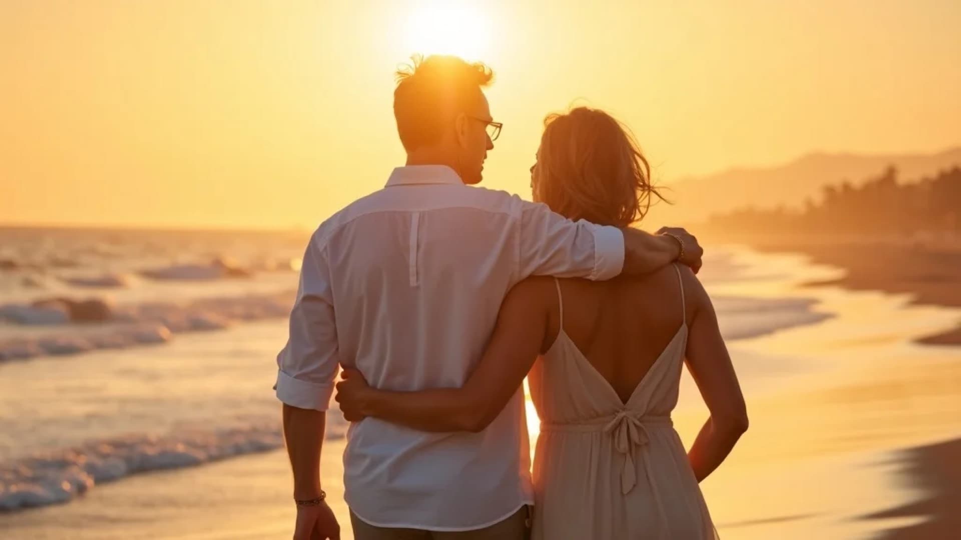 Mid-life couple embracing on a shoreline at golden-hour sunset — the everyday quality-of-life return that honest TRT pricing buys back